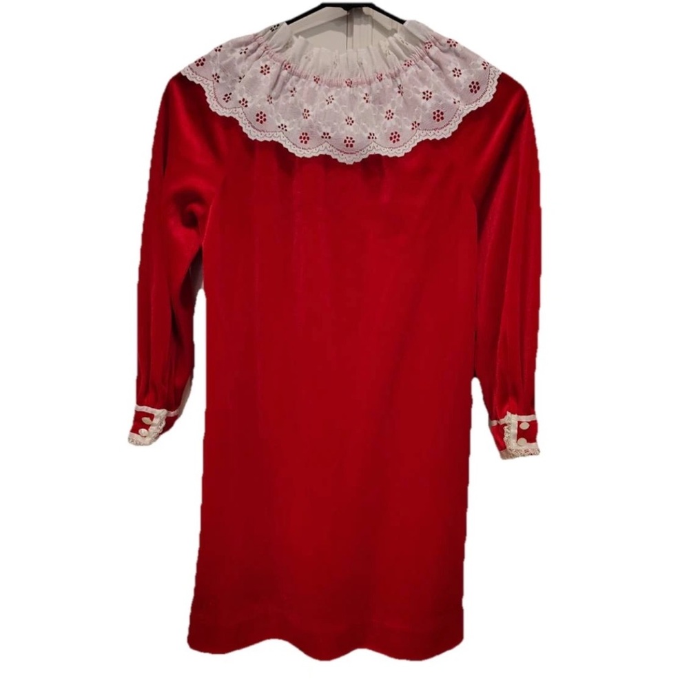 Vtg Velvet Lace Trim Dress Girls 10-12? Victorian Ivory Style Buttons Red White
